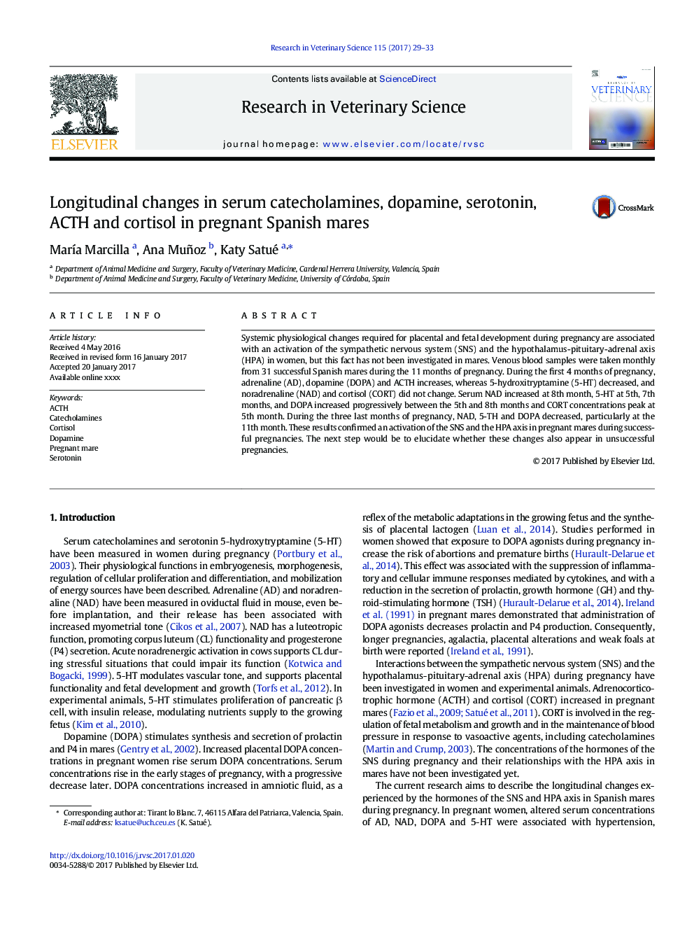 Longitudinal changes in serum catecholamines, dopamine, serotonin, ACTH and cortisol in pregnant Spanish mares