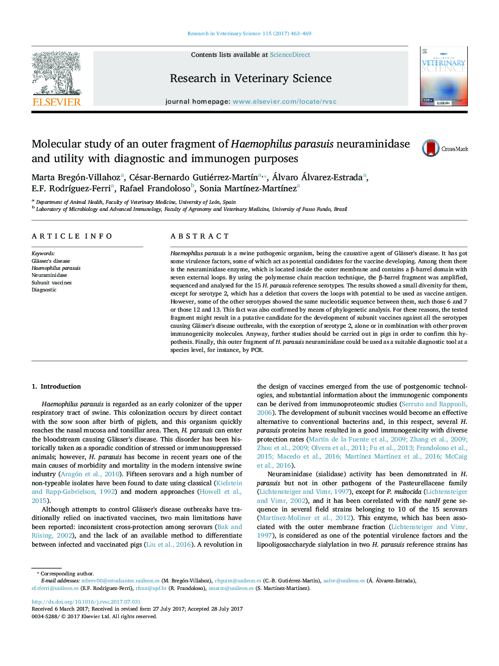 Molecular study of an outer fragment of Haemophilus parasuis neuraminidase and utility with diagnostic and immunogen purposes