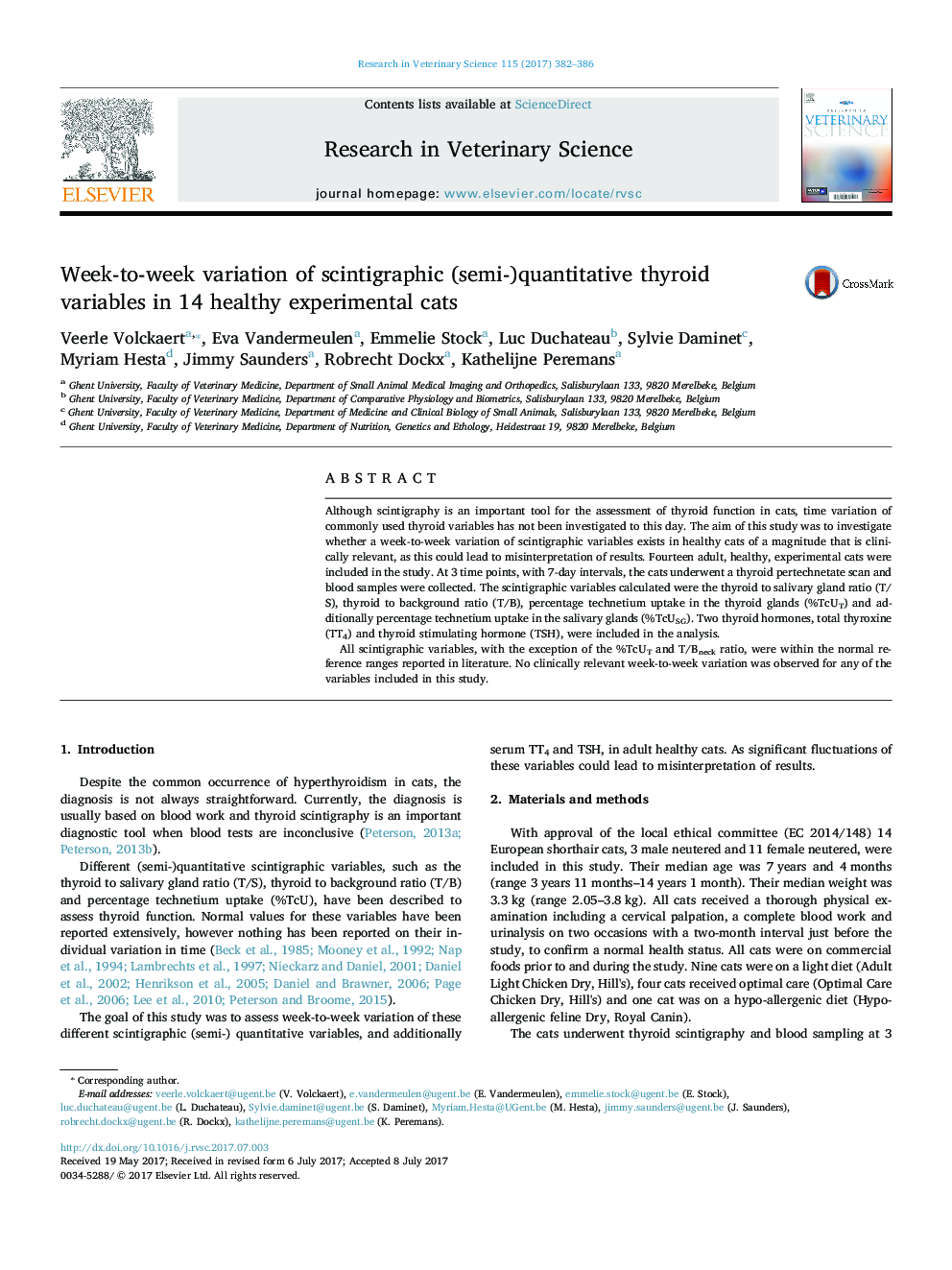 Week-to-week variation of scintigraphic (semi-)quantitative thyroid variables in 14 healthy experimental cats