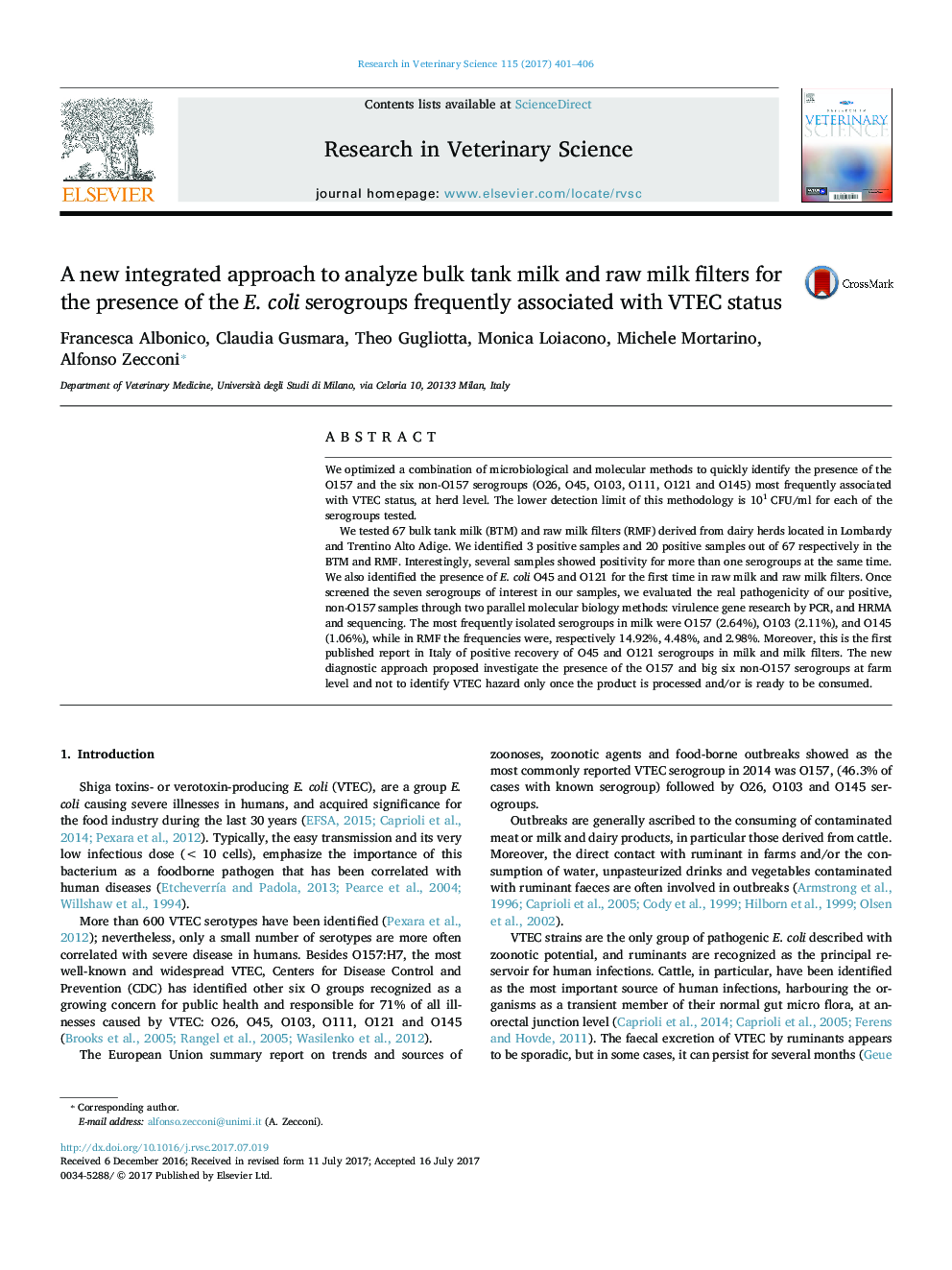 A new integrated approach to analyze bulk tank milk and raw milk filters for the presence of the E. coli serogroups frequently associated with VTEC status