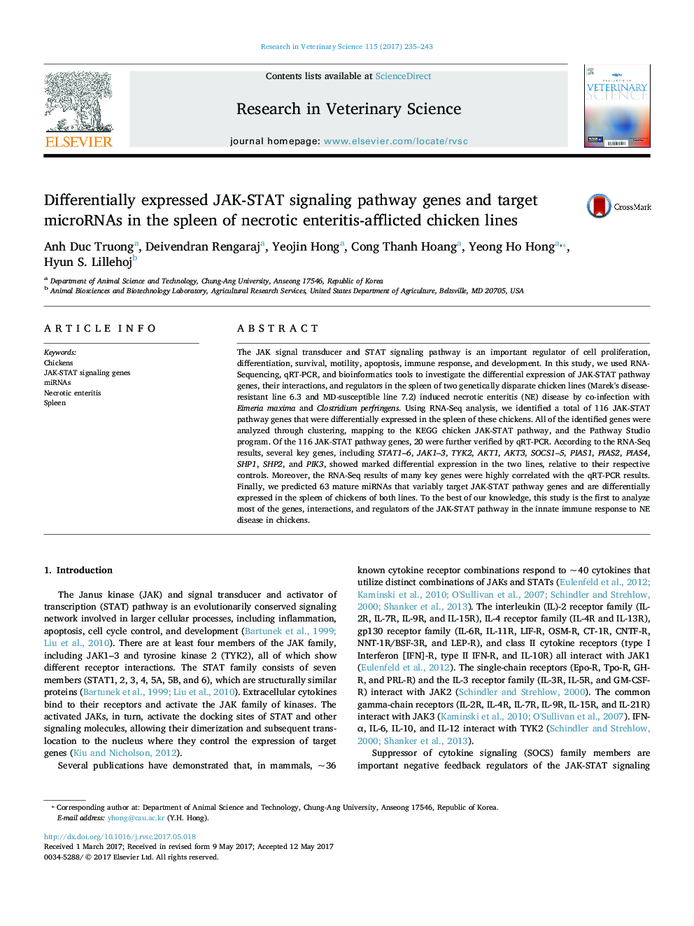 Differentially expressed JAK-STAT signaling pathway genes and target microRNAs in the spleen of necrotic enteritis-afflicted chicken lines