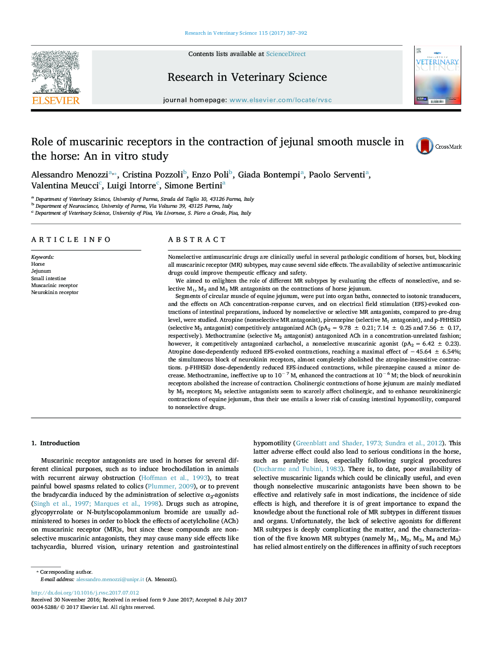 Role of muscarinic receptors in the contraction of jejunal smooth muscle in the horse: An in vitro study