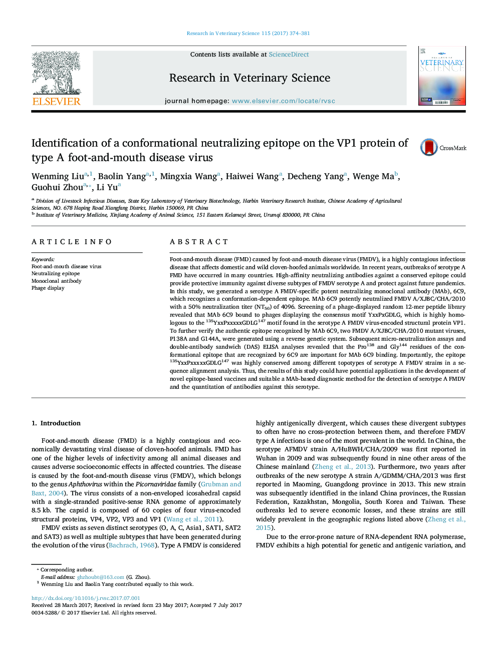 Identification of a conformational neutralizing epitope on the VP1 protein of type A foot-and-mouth disease virus