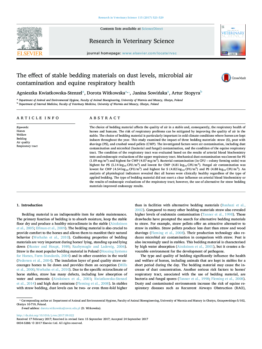 The effect of stable bedding materials on dust levels, microbial air contamination and equine respiratory health