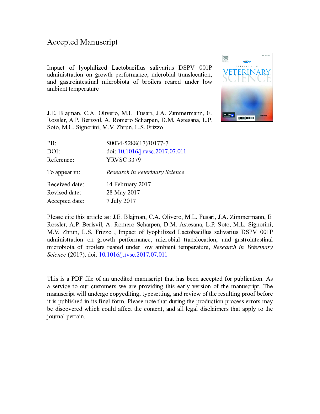 Impact of lyophilized Lactobacillus salivarius DSPV 001P administration on growth performance, microbial translocation, and gastrointestinal microbiota of broilers reared under low ambient temperature