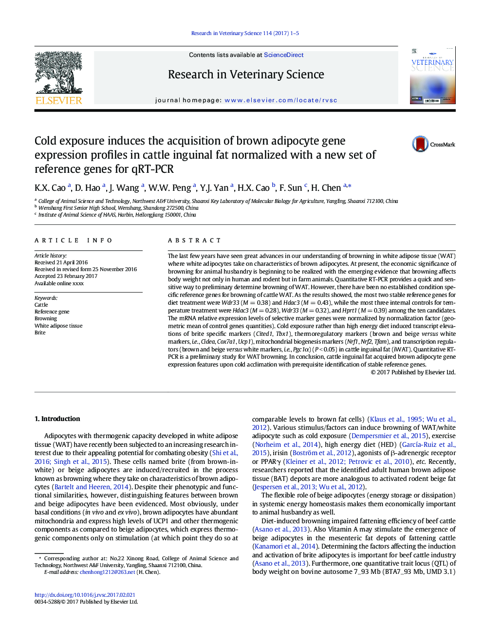 Cold exposure induces the acquisition of brown adipocyte gene expression profiles in cattle inguinal fat normalized with a new set of reference genes for qRT-PCR