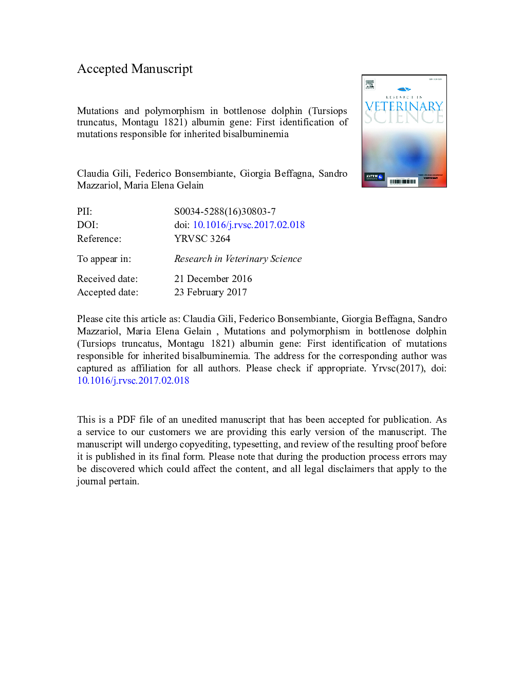 Mutations and polymorphism in bottlenose dolphin (Tursiops truncatus, Montagu 1821) albumin gene: First identification of mutations responsible for inherited bisalbuminemia