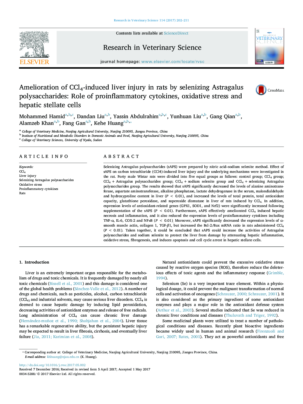 Amelioration of CCl4-induced liver injury in rats by selenizing Astragalus polysaccharides: Role of proinflammatory cytokines, oxidative stress and hepatic stellate cells