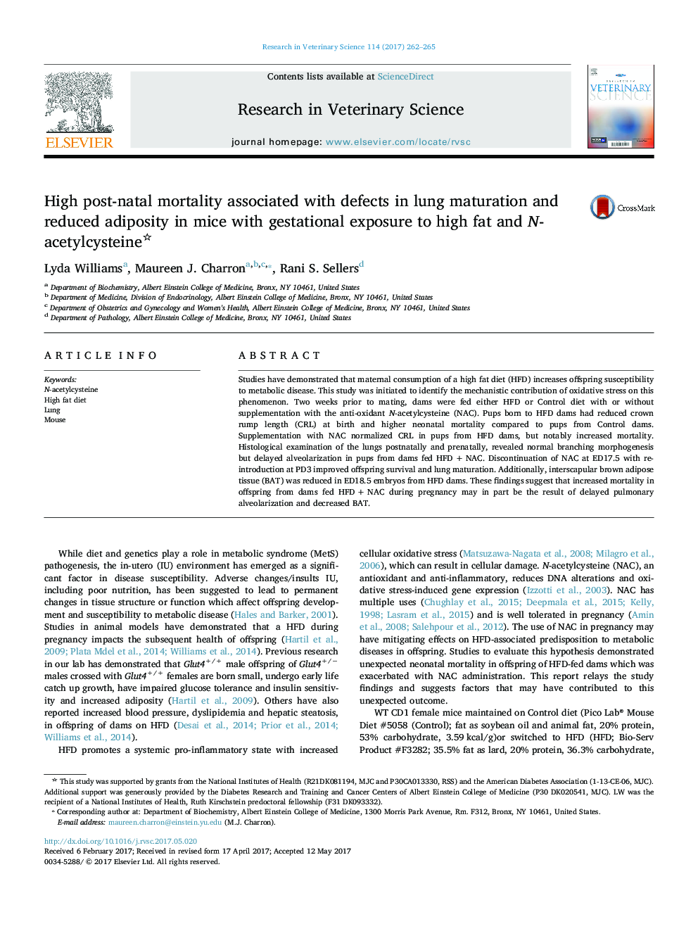 High post-natal mortality associated with defects in lung maturation and reduced adiposity in mice with gestational exposure to high fat and N-acetylcysteine