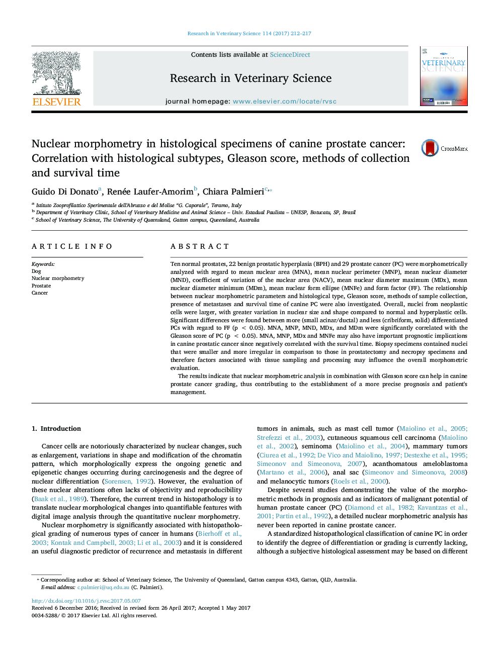 Nuclear morphometry in histological specimens of canine prostate cancer: Correlation with histological subtypes, Gleason score, methods of collection and survival time