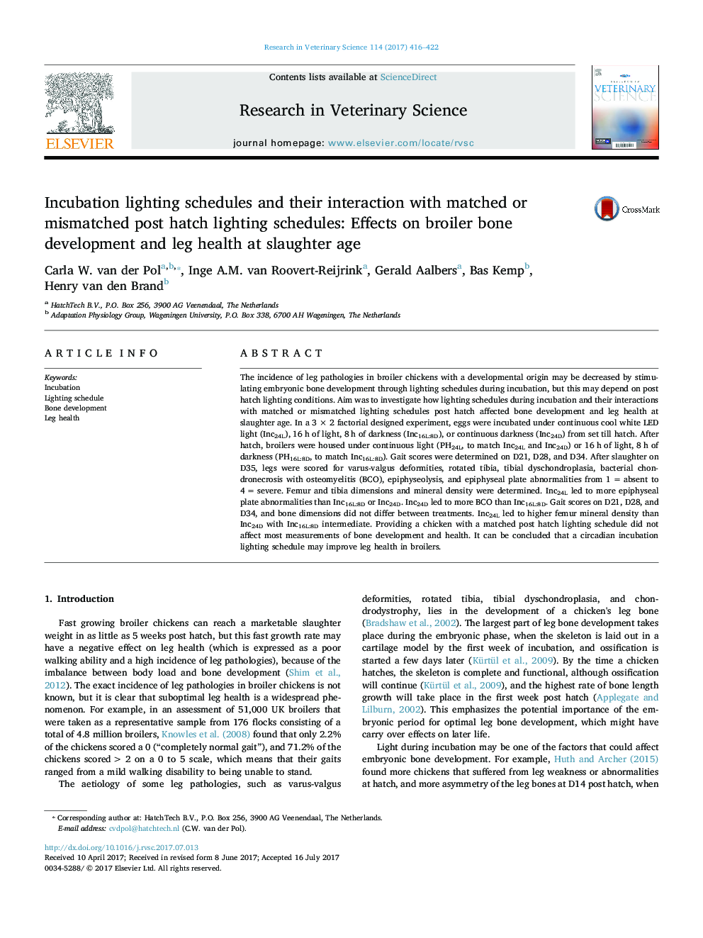 Incubation lighting schedules and their interaction with matched or mismatched post hatch lighting schedules: Effects on broiler bone development and leg health at slaughter age