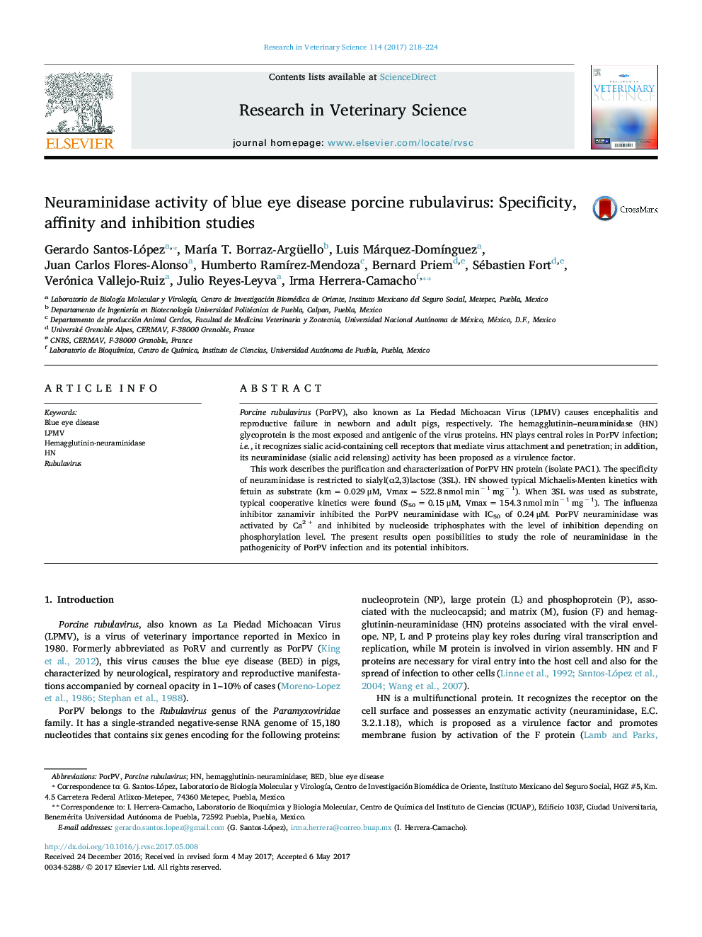 Neuraminidase activity of blue eye disease porcine rubulavirus: Specificity, affinity and inhibition studies