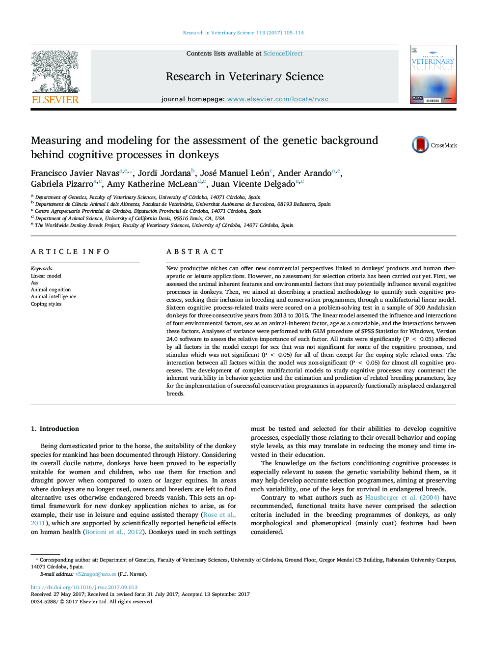 Measuring and modeling for the assessment of the genetic background behind cognitive processes in donkeys