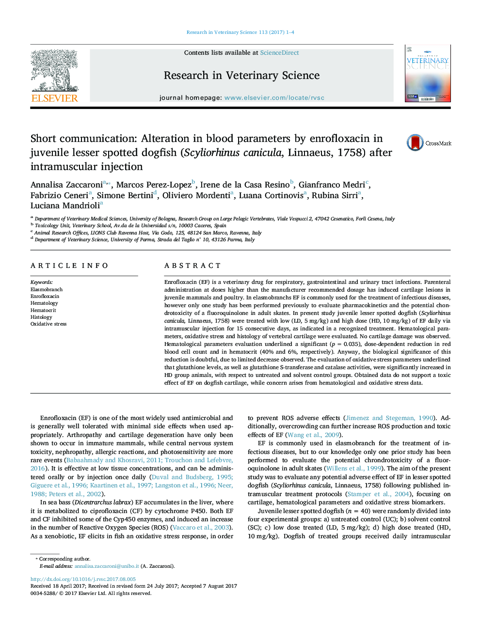 Short communication: Alteration in blood parameters by enrofloxacin in juvenile lesser spotted dogfish (Scyliorhinus canicula, Linnaeus, 1758) after intramuscular injection