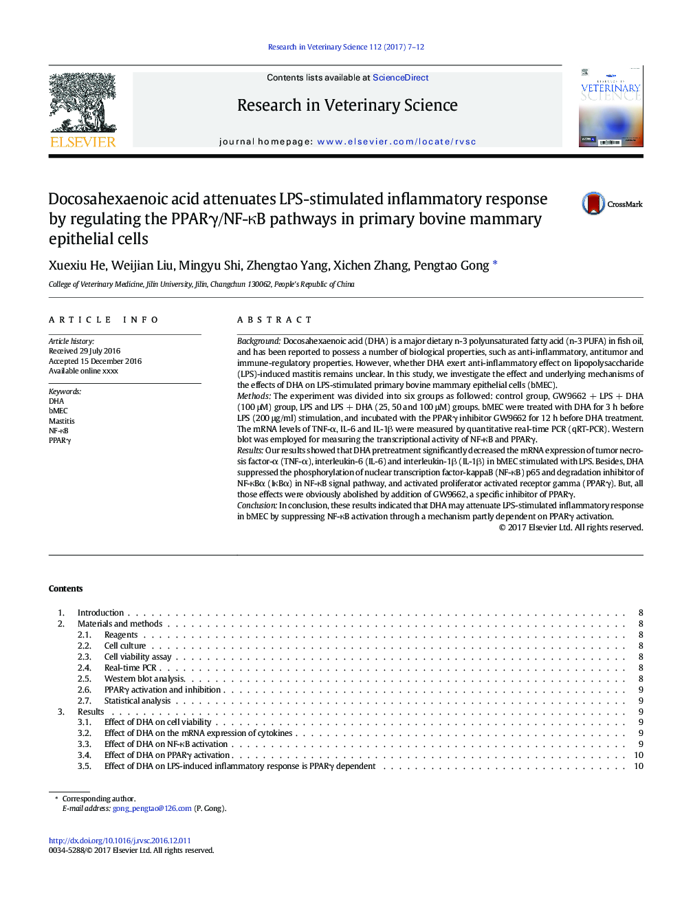 Docosahexaenoic acid attenuates LPS-stimulated inflammatory response by regulating the PPARÎ³/NF-ÎºB pathways in primary bovine mammary epithelial cells