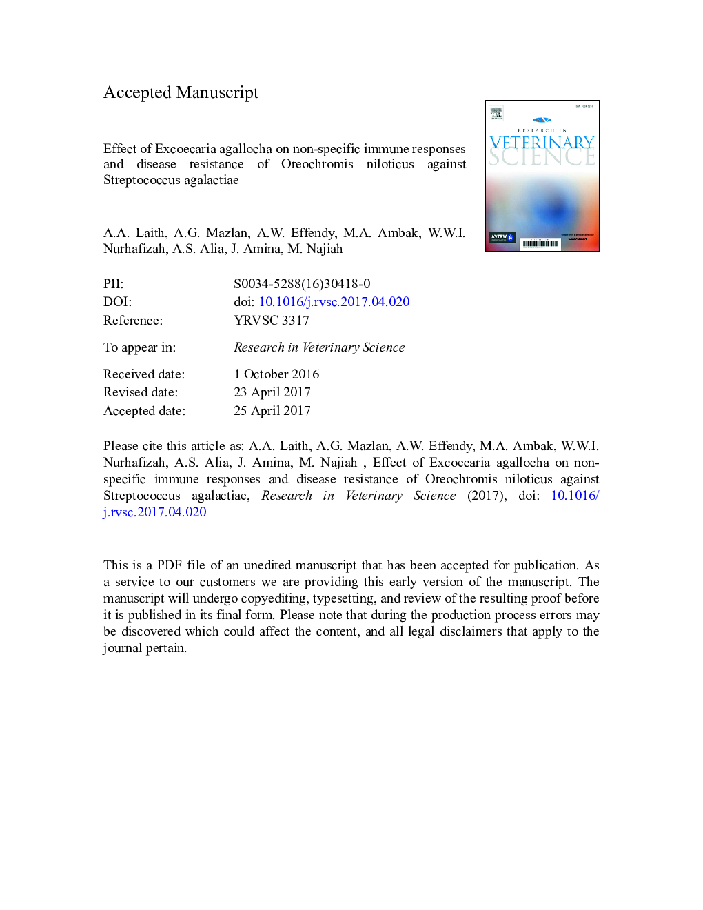 Effect of Excoecaria agallocha on non-specific immune responses and disease resistance of Oreochromis niloticus against Streptococcus agalactiae