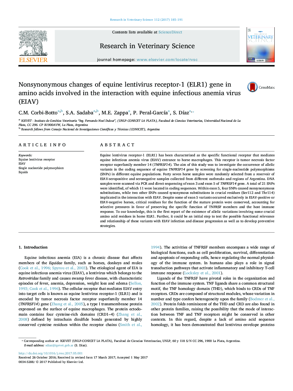 Nonsynonymous changes of equine lentivirus receptor-1 (ELR1) gene in amino acids involved in the interaction with equine infectious anemia virus (EIAV)