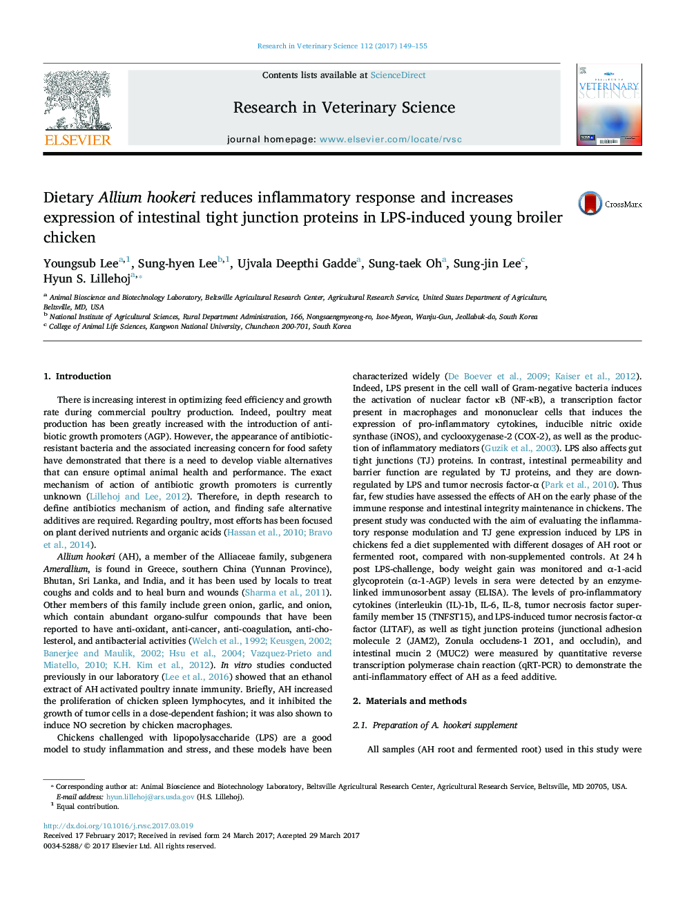 Dietary Allium hookeri reduces inflammatory response and increases expression of intestinal tight junction proteins in LPS-induced young broiler chicken