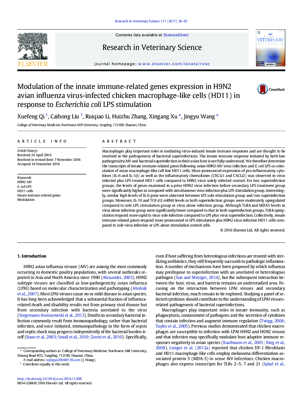 Modulation of the innate immune-related genes expression in H9N2 avian influenza virus-infected chicken macrophage-like cells (HD11) in response to Escherichia coli LPS stimulation