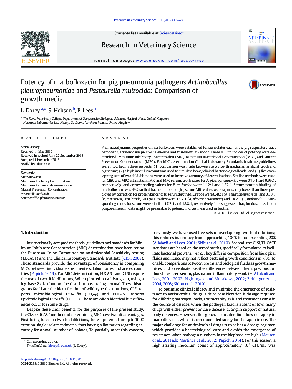 Potency of marbofloxacin for pig pneumonia pathogens Actinobacillus pleuropneumoniae and Pasteurella multocida: Comparison of growth media