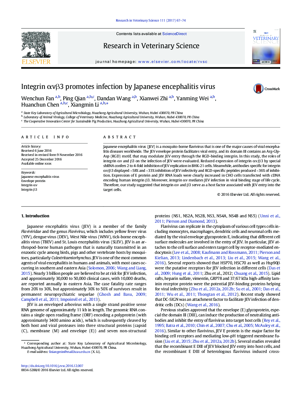 Integrin Î±vÎ²3 promotes infection by Japanese encephalitis virus