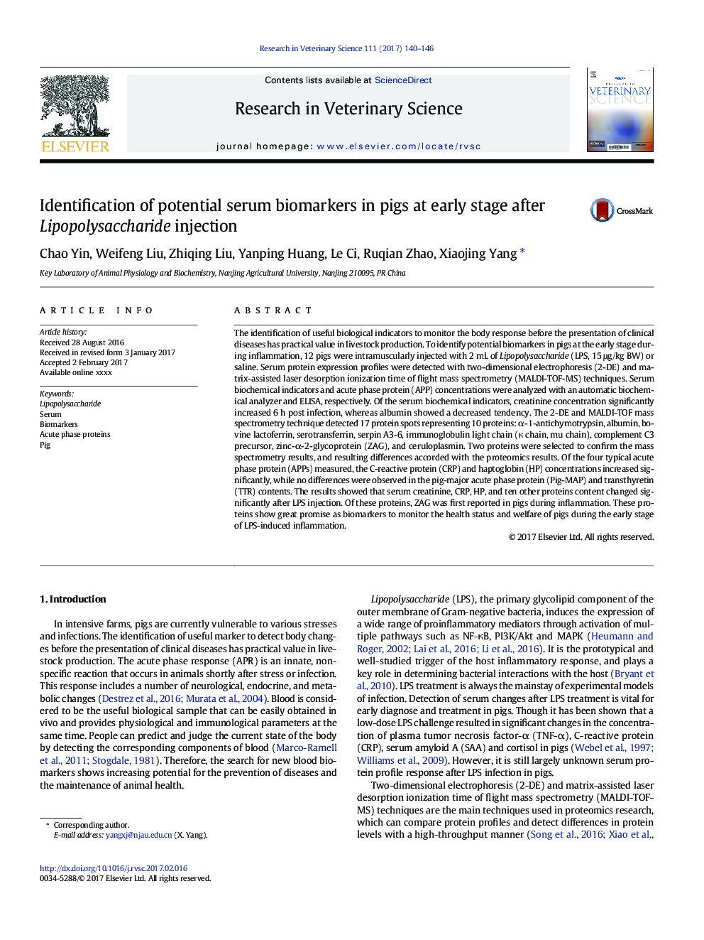 Identification of potential serum biomarkers in pigs at early stage after Lipopolysaccharide injection