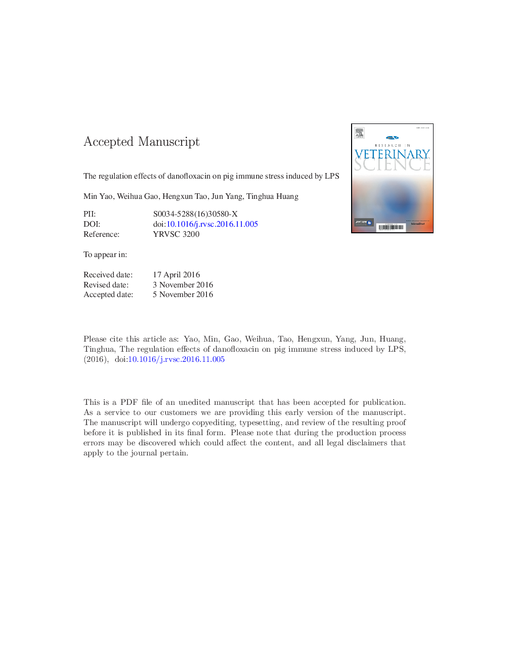 The regulation effects of danofloxacin on pig immune stress induced by LPS