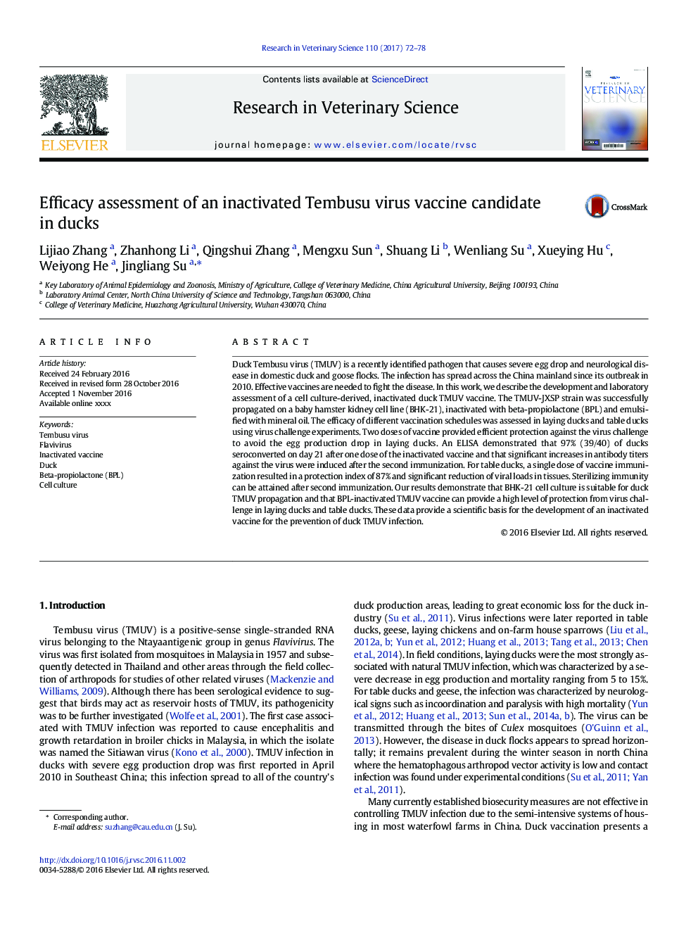 Efficacy assessment of an inactivated Tembusu virus vaccine candidate in ducks