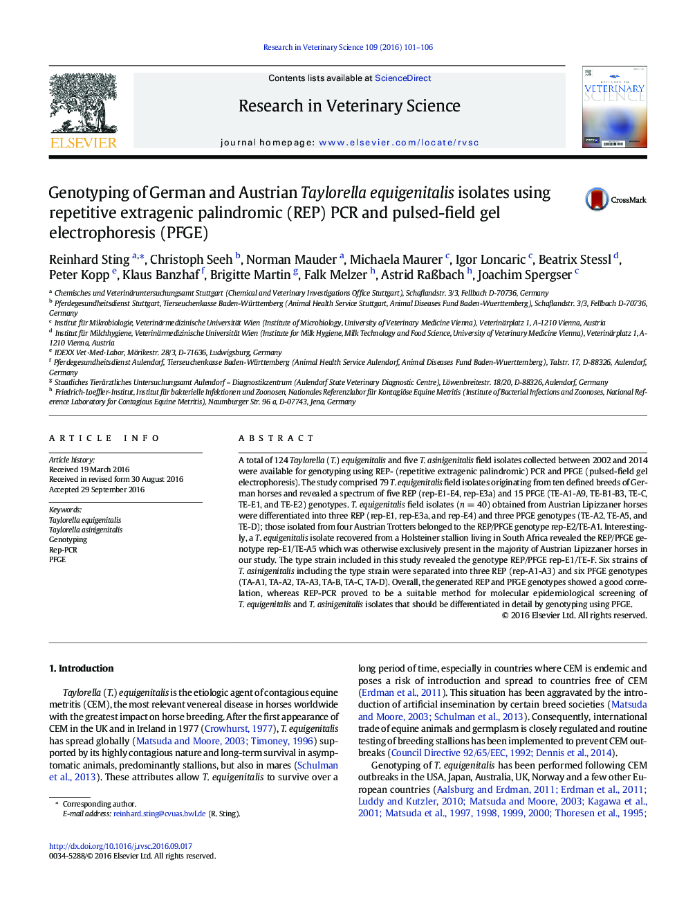 Genotyping of German and Austrian Taylorella equigenitalis isolates using repetitive extragenic palindromic (REP) PCR and pulsed-field gel electrophoresis (PFGE)