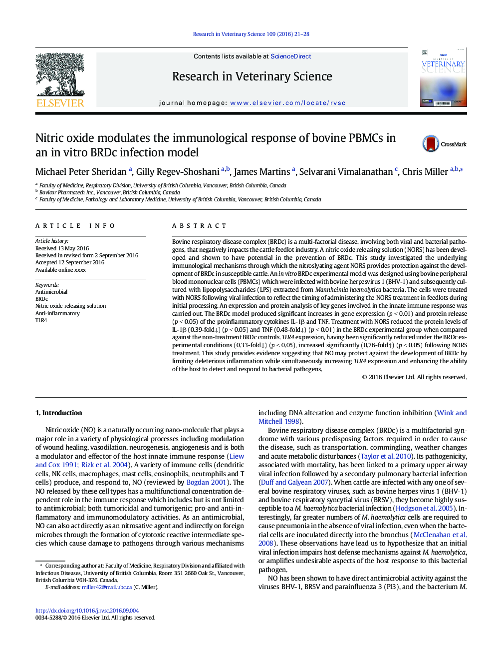 Nitric oxide modulates the immunological response of bovine PBMCs in an in vitro BRDc infection model