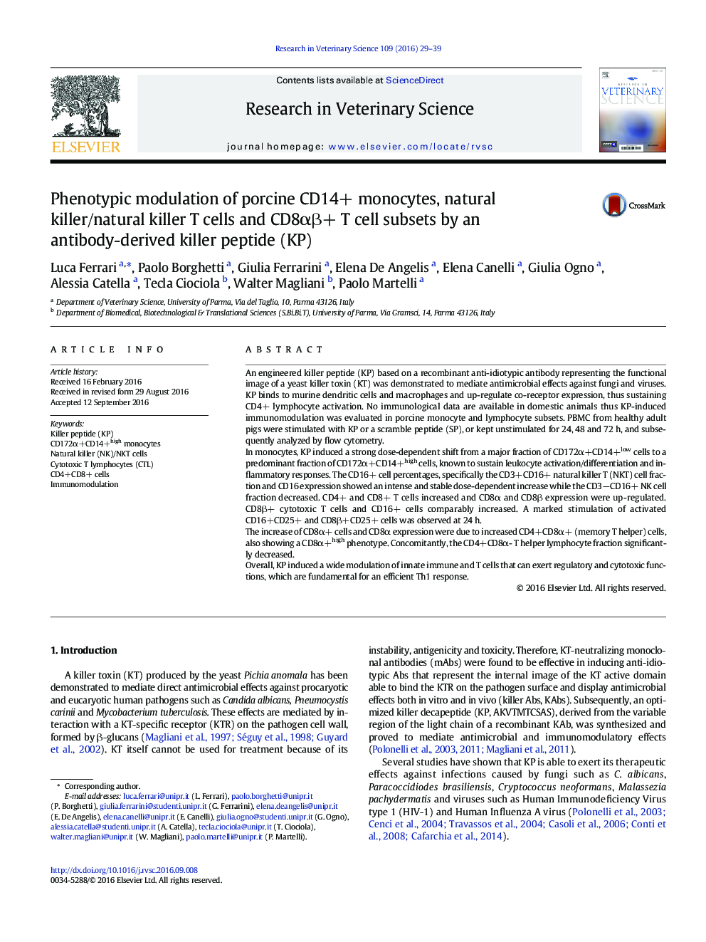 Phenotypic modulation of porcine CD14+ monocytes, natural killer/natural killer T cells and CD8Î±Î²+ T cell subsets by an antibody-derived killer peptide (KP)