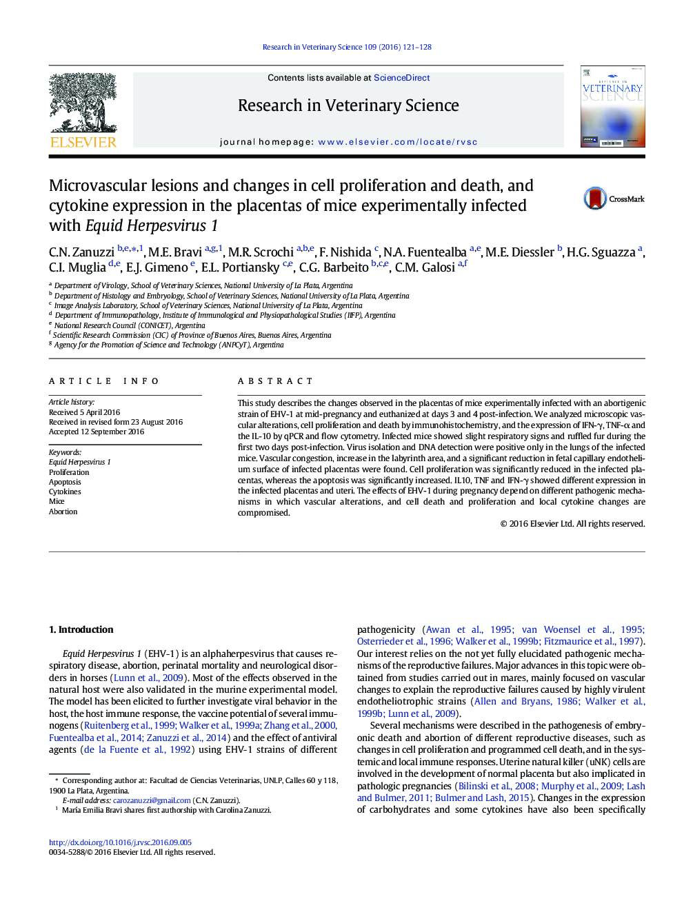 Microvascular lesions and changes in cell proliferation and death, and cytokine expression in the placentas of mice experimentally infected with Equid Herpesvirus 1