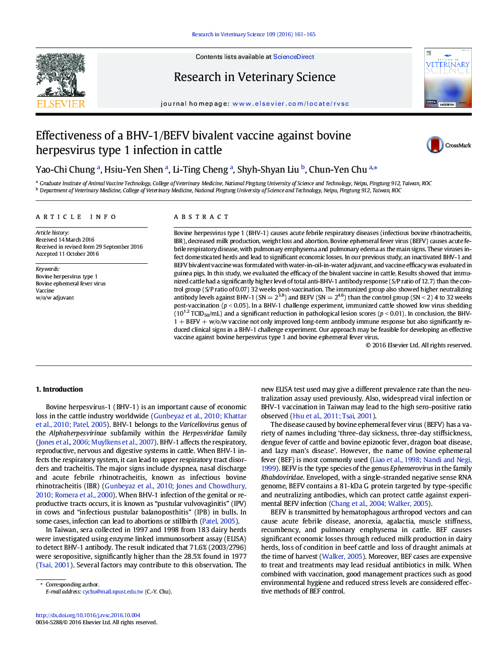 Effectiveness of a BHV-1/BEFV bivalent vaccine against bovine herpesvirus type 1 infection in cattle