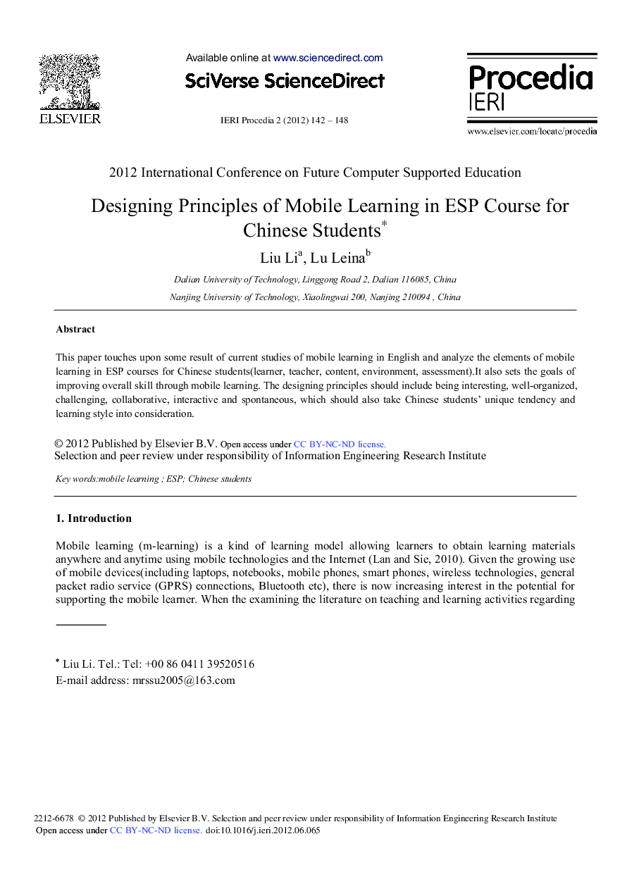 Designing Principles of Mobile Learning in ESP Course for Chinese Students