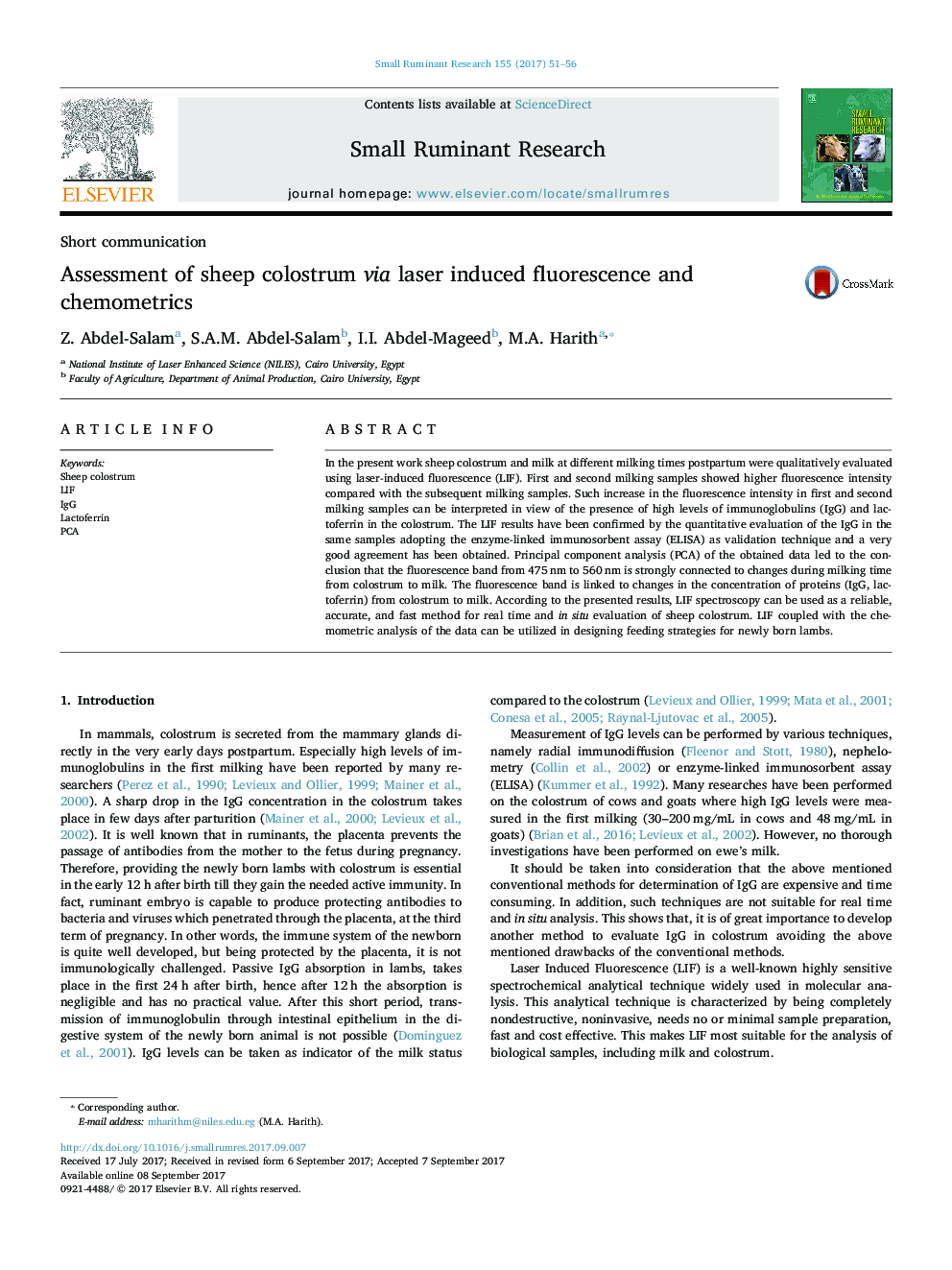 Assessment of sheep colostrum via laser induced fluorescence and chemometrics