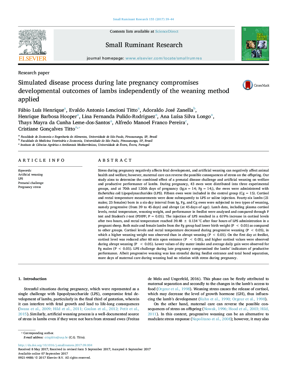 Simulated disease process during late pregnancy compromises developmental outcomes of lambs independently of the weaning method applied