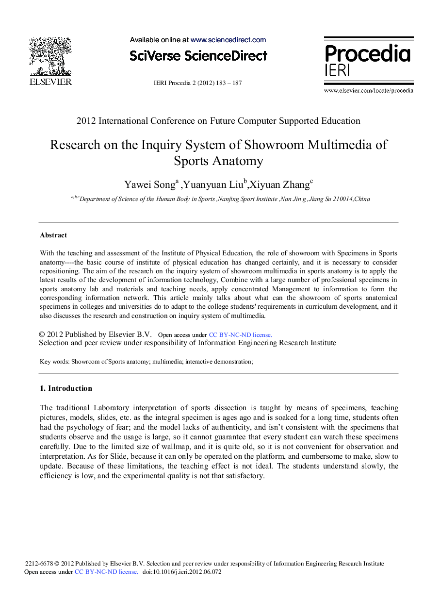 عکس صفحه اول مقاله: Research on the Inquiry System of Showroom Multimedia of Sports Anatomy Research on the Inquiry System of Showroom Multimedia of Sports Anatomy