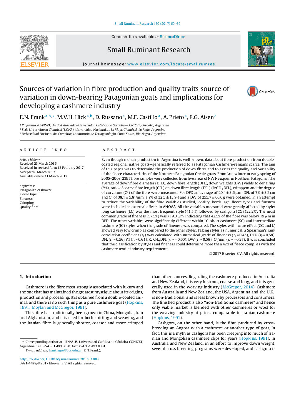 Sources of variation in fibre production and quality traits source of variation in down-bearing Patagonian goats and implications for developing a cashmere industry