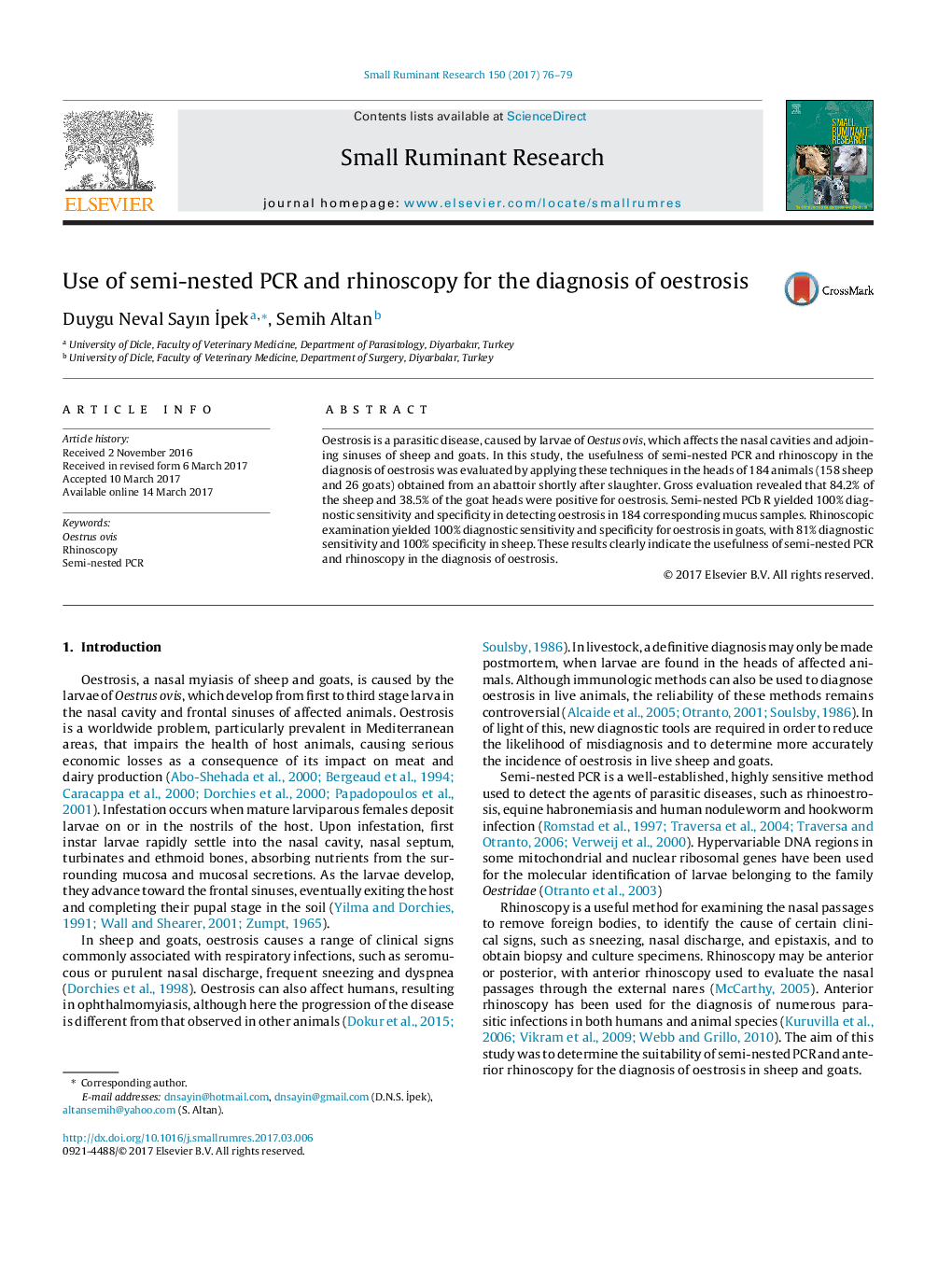 عکس صفحه اول مقاله: Use of semi-nested PCR and rhinoscopy for the diagnosis of oestrosis Use of semi-nested PCR and rhinoscopy for the diagnosis of oestrosis