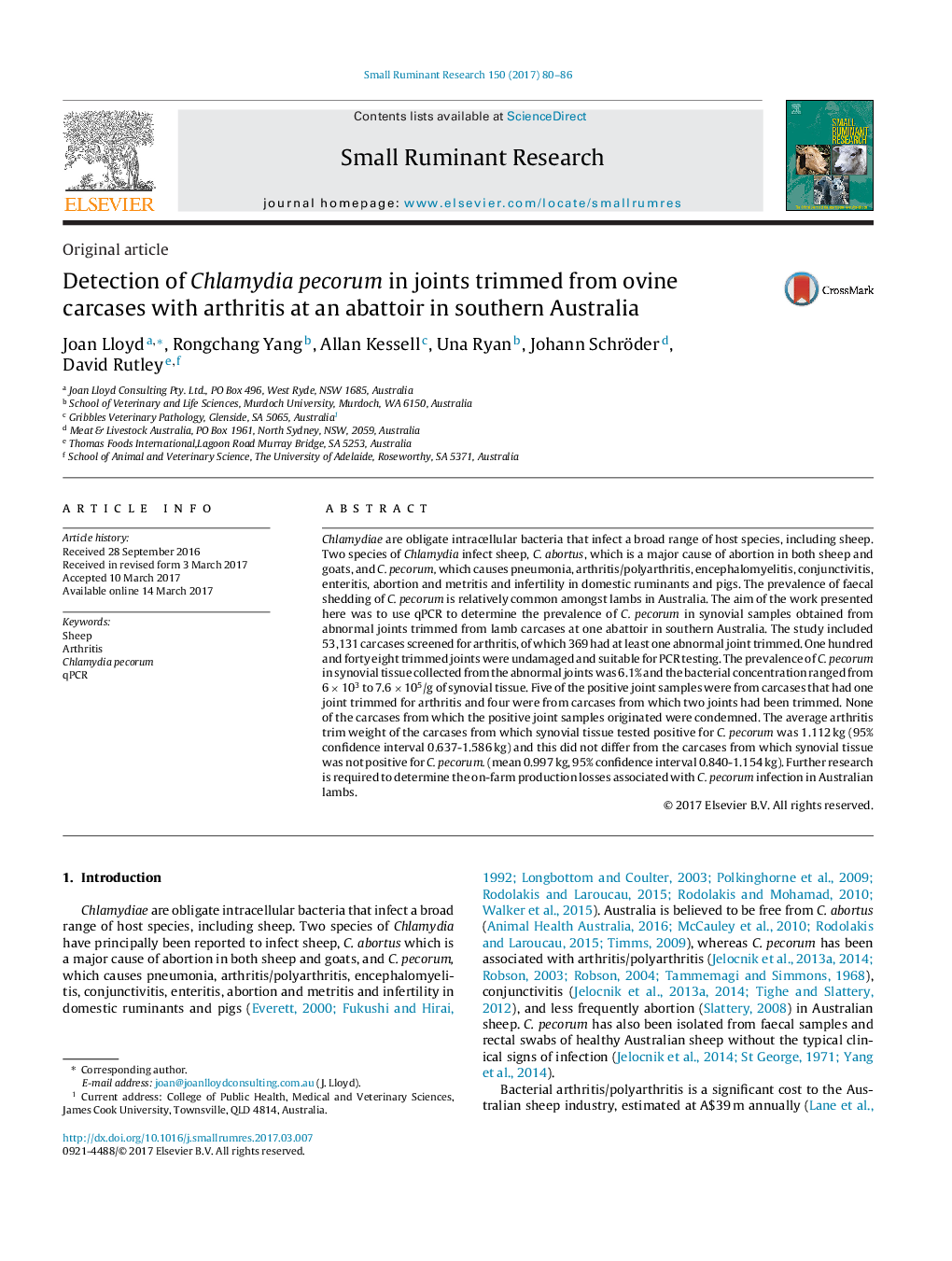 Original articleDetection of Chlamydia pecorum in joints trimmed from ovine carcases with arthritis at an abattoir in southern Australia