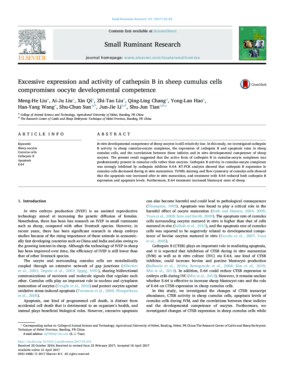 Excessive expression and activity of cathepsin B in sheep cumulus cells compromises oocyte developmental competence