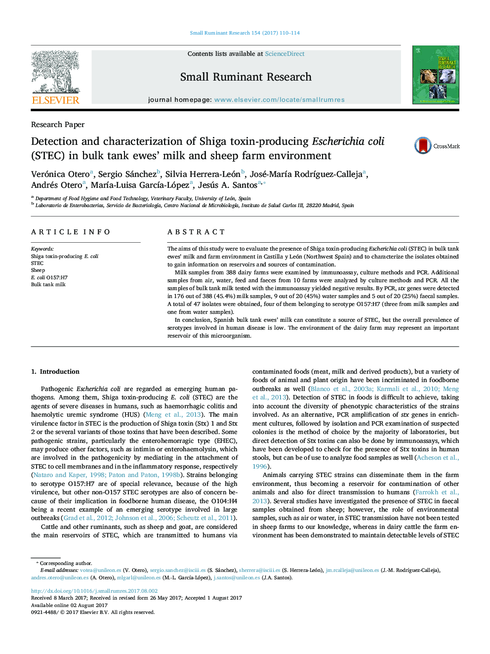 Detection and characterization of Shiga toxin-producing Escherichia coli (STEC) in bulk tank ewes' milk and sheep farm environment