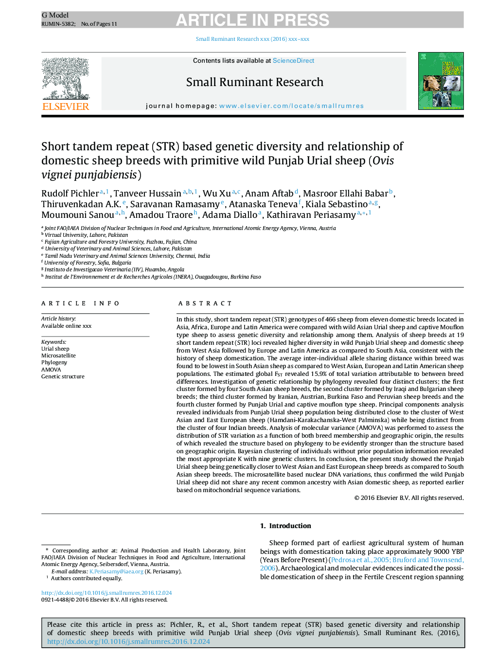 Short tandem repeat (STR) based genetic diversity and relationship of domestic sheep breeds with primitive wild Punjab Urial sheep (Ovis vignei punjabiensis)