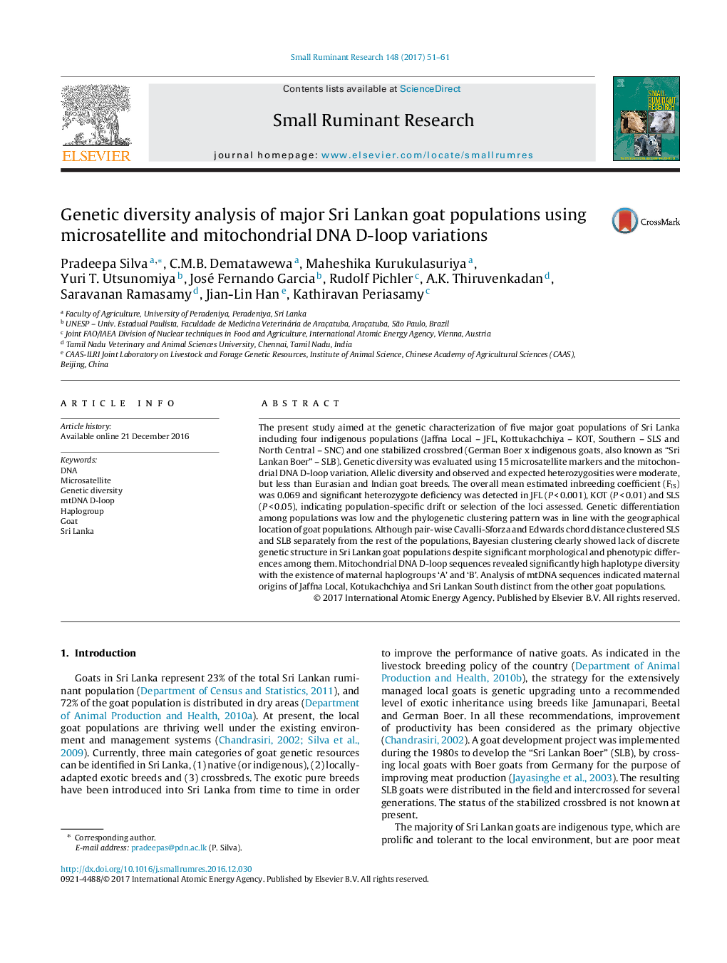 Genetic diversity analysis of major Sri Lankan goat populations using microsatellite and mitochondrial DNA D-loop variations