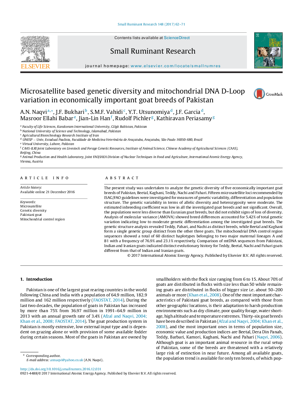 Microsatellite based genetic diversity and mitochondrial DNA D-Loop variation in economically important goat breeds of Pakistan