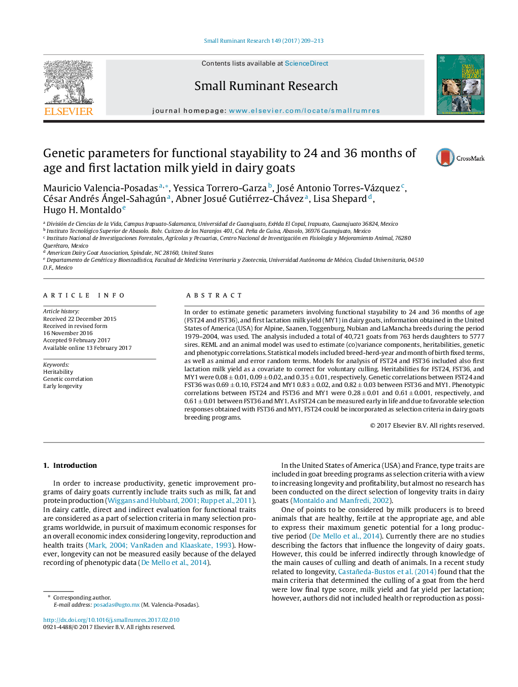 Genetic parameters for functional stayability to 24 and 36 months of age and first lactation milk yield in dairy goats