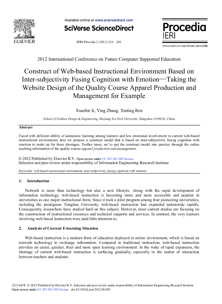 Construct of Web-based Instructional Environment Based on Inter-subjectivity Fusing Cognition with Emotion–Taking the Website Design of the Quality Course Apparel Production and Management for Example