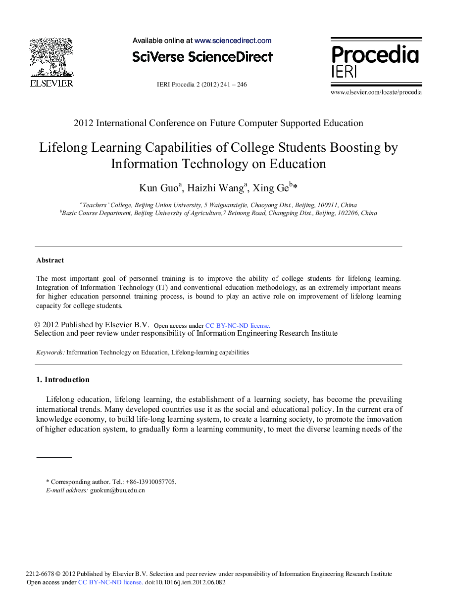 Lifelong Learning Capabilities of College Students Boosting by Information Technology on Education