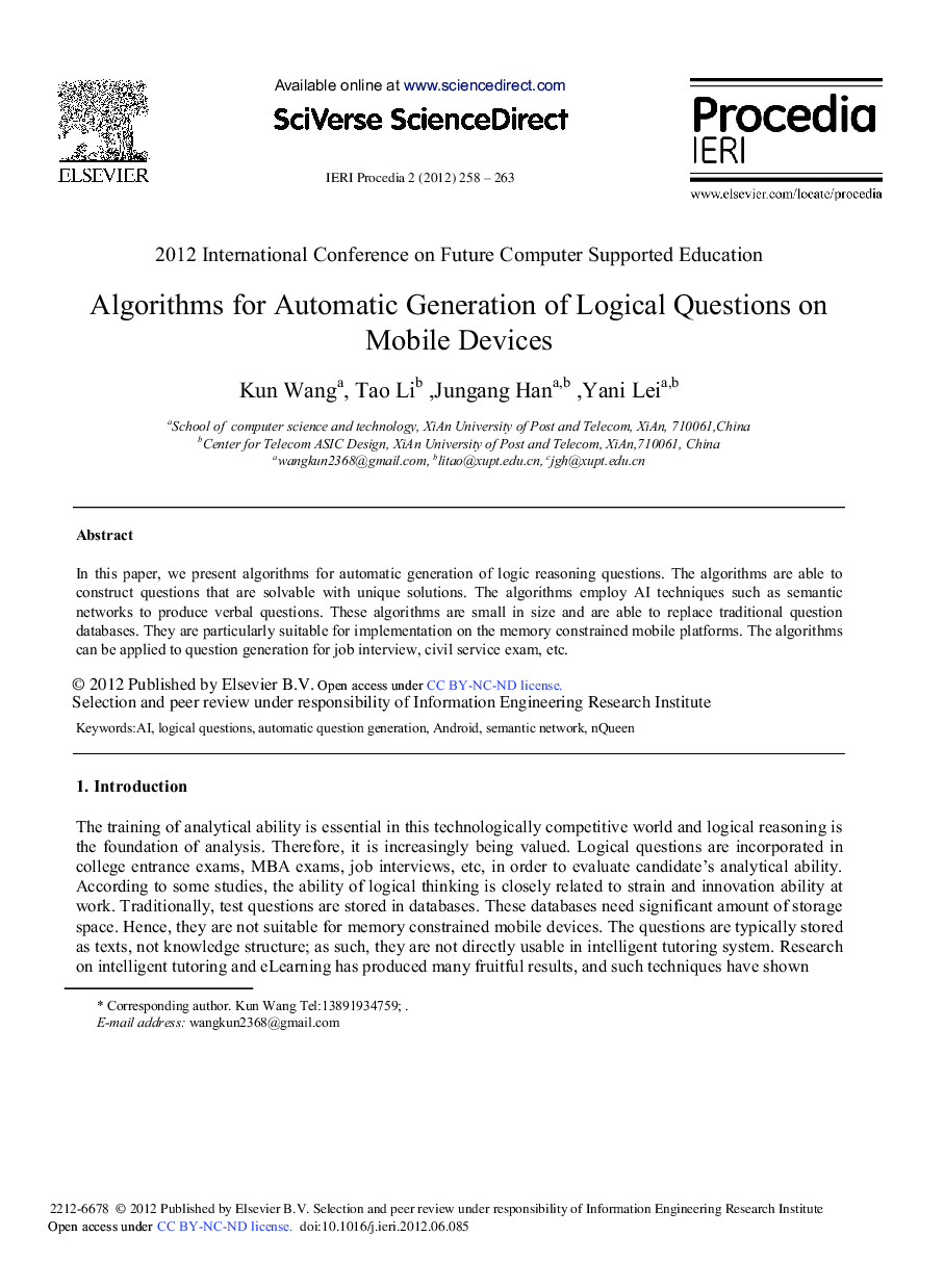 Algorithms for Automatic Generation of Logical Questions on Mobile Devices