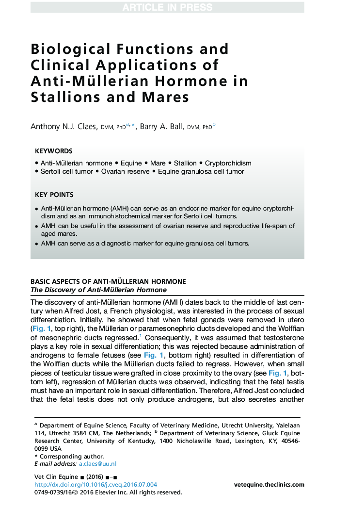 Biological Functions and Clinical Applications of Anti-Müllerian Hormone in Stallions and Mares